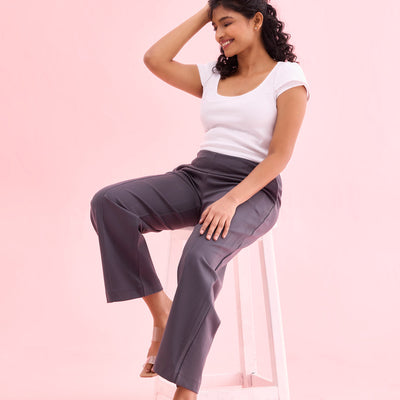 Women Solid Medium Grey Ponte Wide Leg Pants