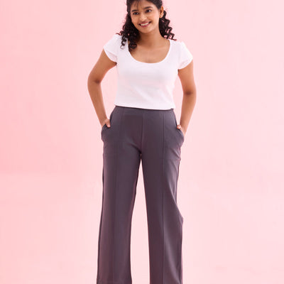 Women Solid Medium Grey Ponte Wide Leg Pants
