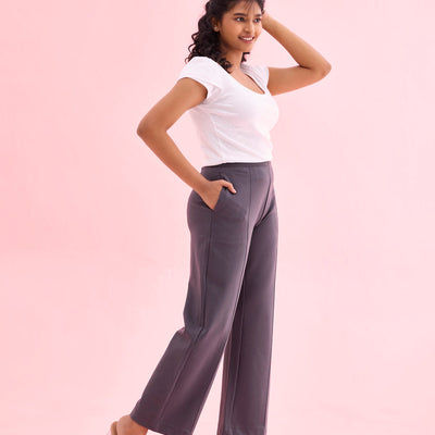 Women Solid Medium Grey Ponte Wide Leg Pants
