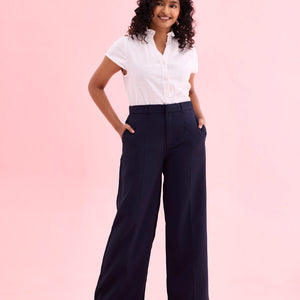 Women Solid Navy High Rise Crepe Wide Pant