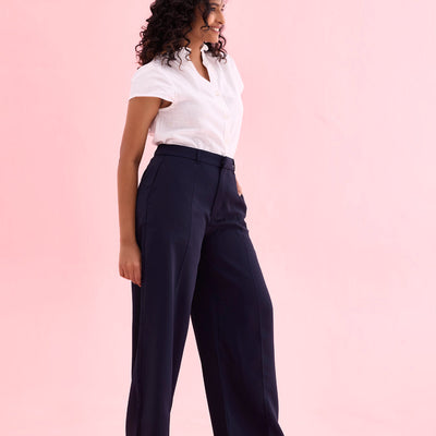Women Solid Navy High Rise Crepe Wide Pant