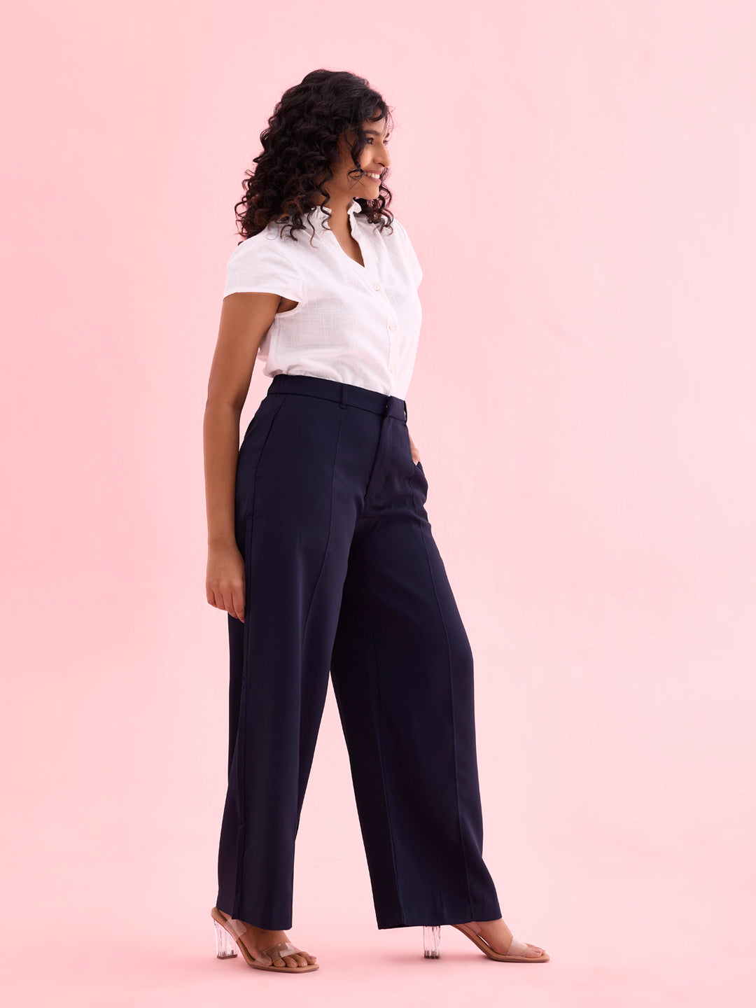 Women Solid Navy High Rise Crepe Wide Pant