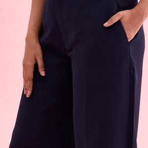 Women Solid Navy High Rise Crepe Wide Pant