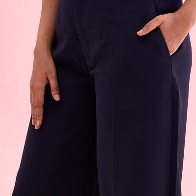 Women Solid Navy High Rise Crepe Wide Pant