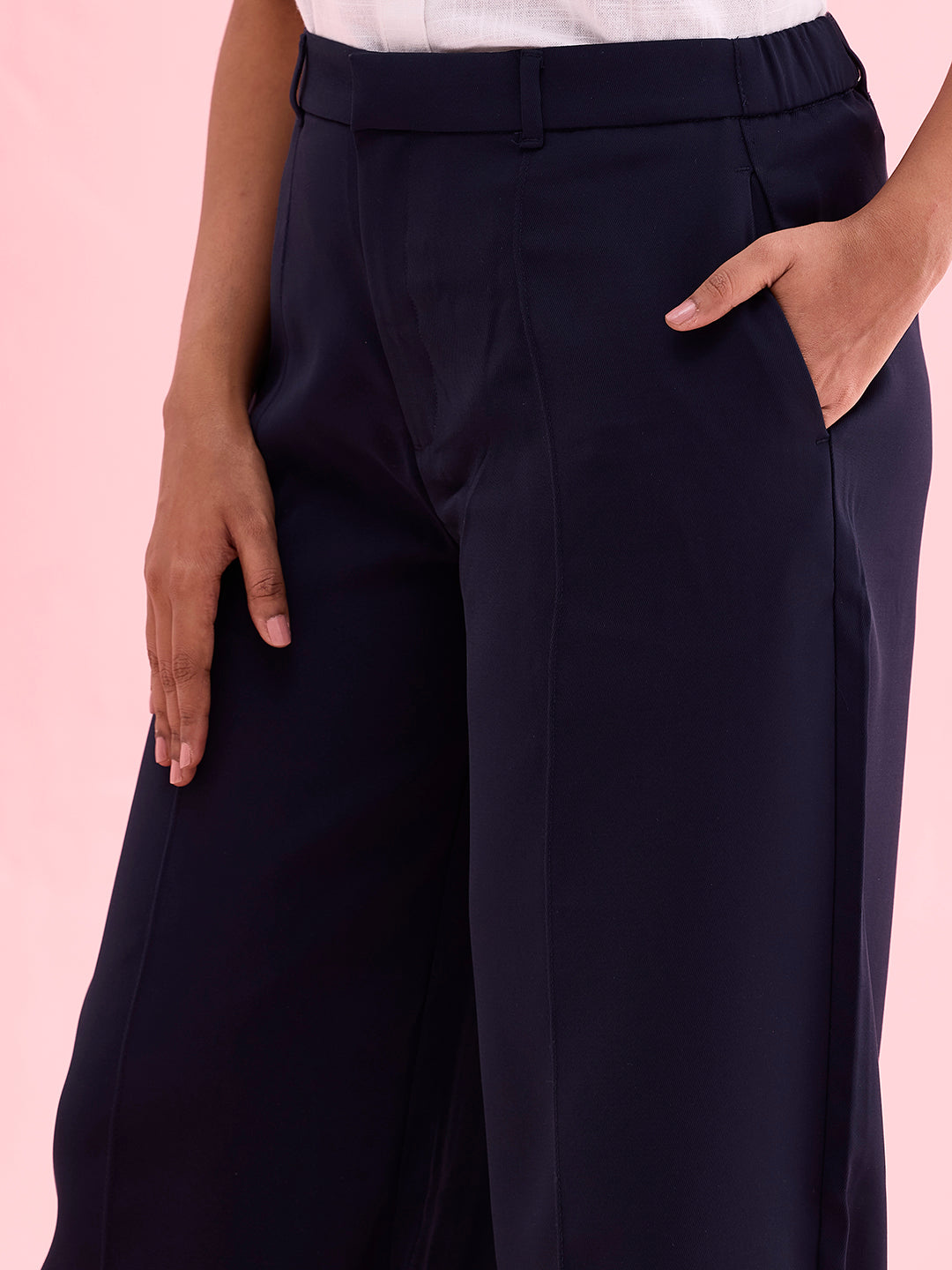 Women Solid Navy High Rise Crepe Wide Pant