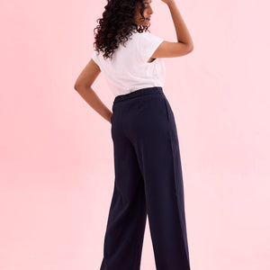 Women Solid Navy High Rise Crepe Wide Pant