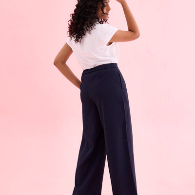 Women Solid Navy High Rise Crepe Wide Pant