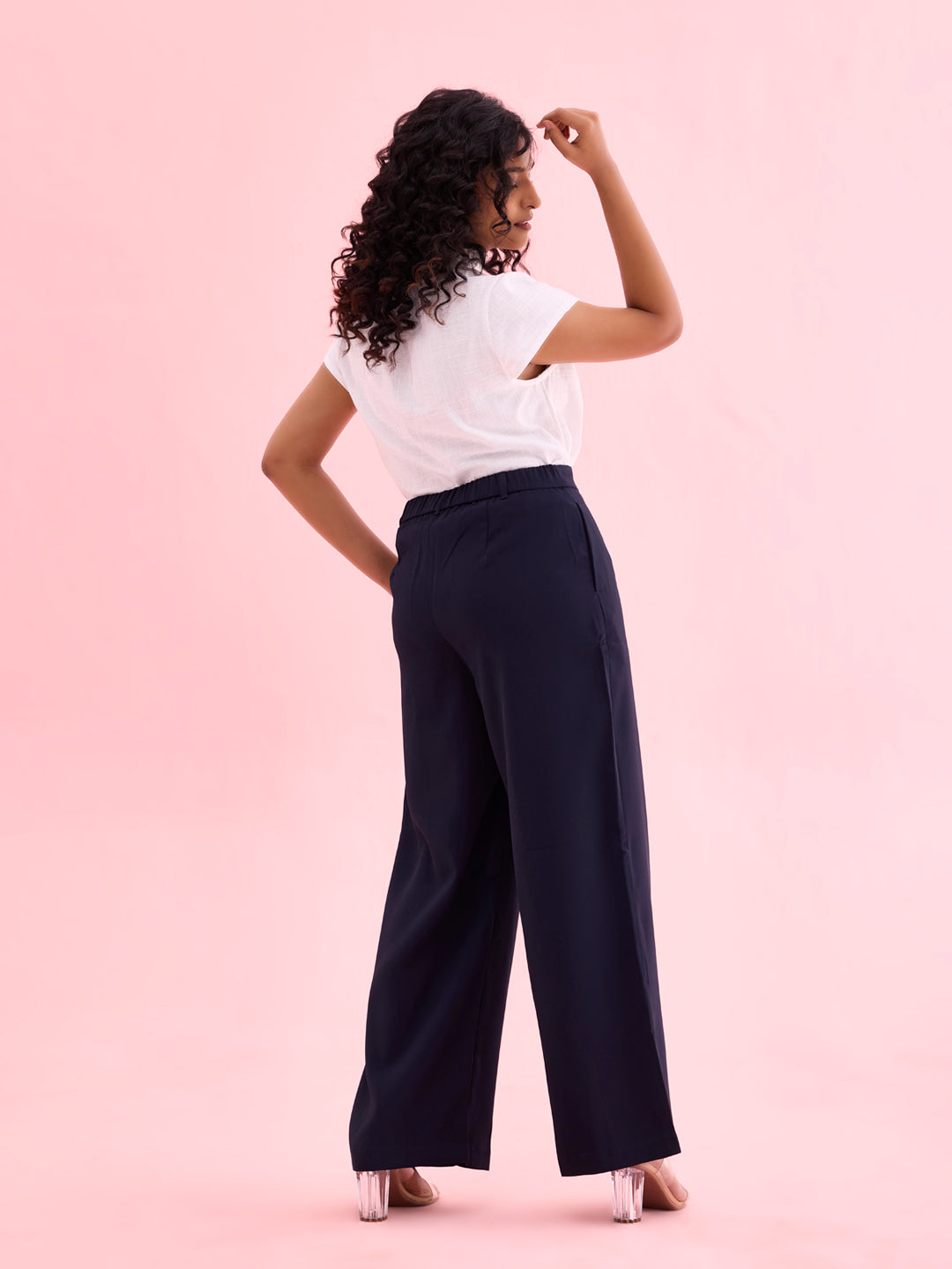 Women Solid Navy High Rise Crepe Wide Pant