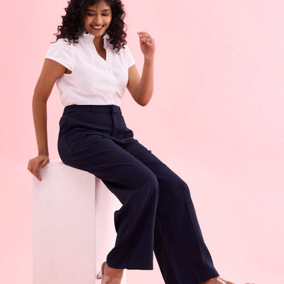 Women Solid Navy High Rise Crepe Wide Pant