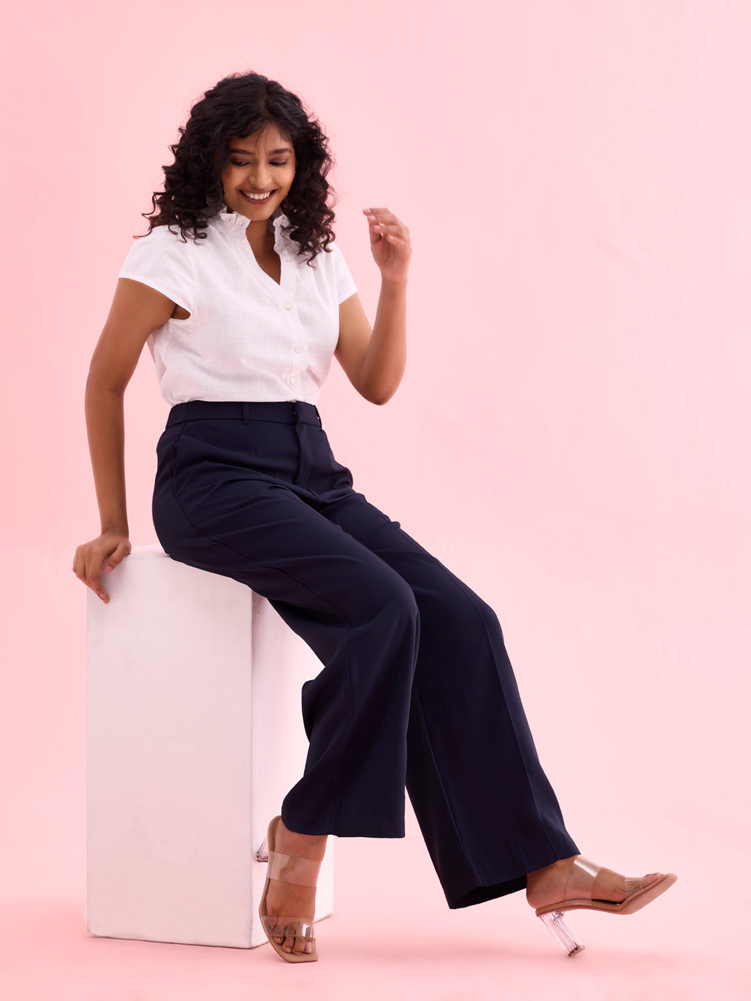 Women Solid Navy High Rise Crepe Wide Pant