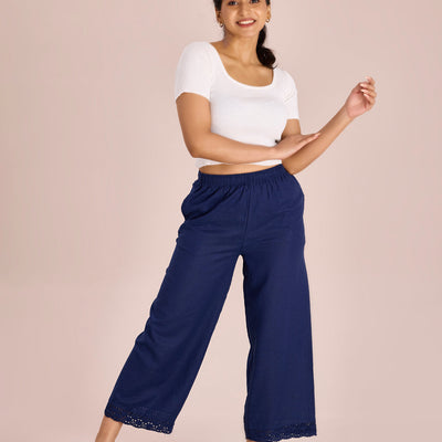 Women Solid Navy Mid Rise Linen Wide Pant