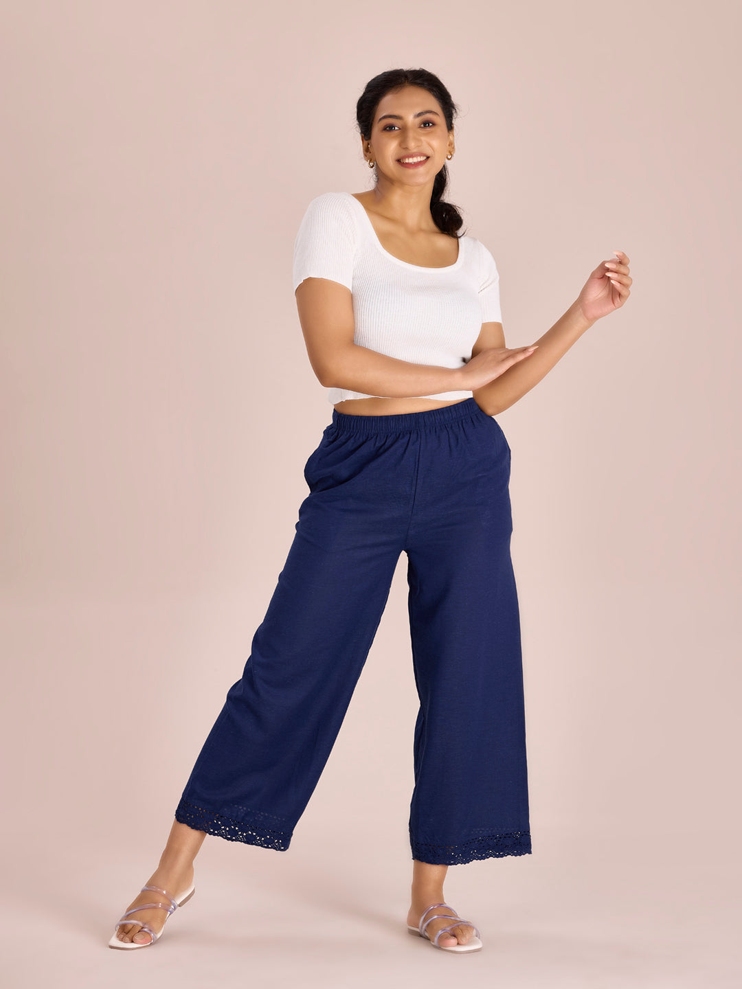 Women Solid Navy Mid Rise Linen Wide Pant