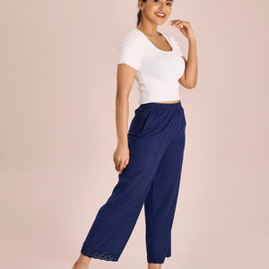 Women Solid Navy Mid Rise Linen Wide Pant