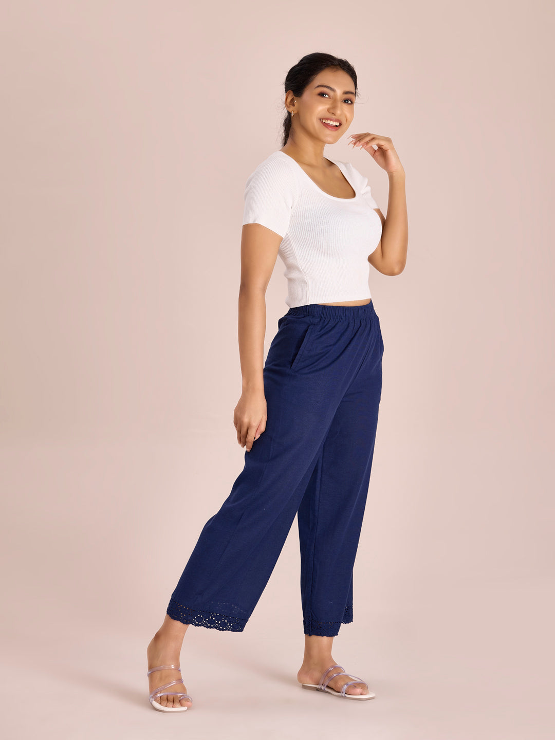 Women Solid Navy Mid Rise Linen Wide Pant