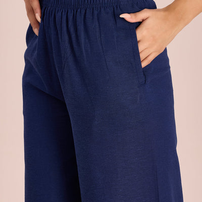 Women Solid Navy Mid Rise Linen Wide Pant