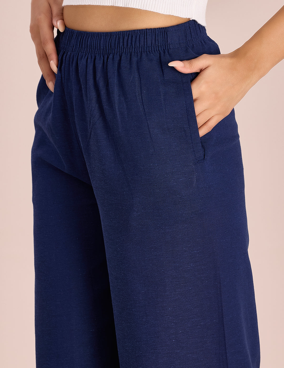 Women Solid Navy Mid Rise Linen Wide Pant