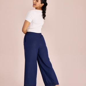 Women Solid Navy Mid Rise Linen Wide Pant