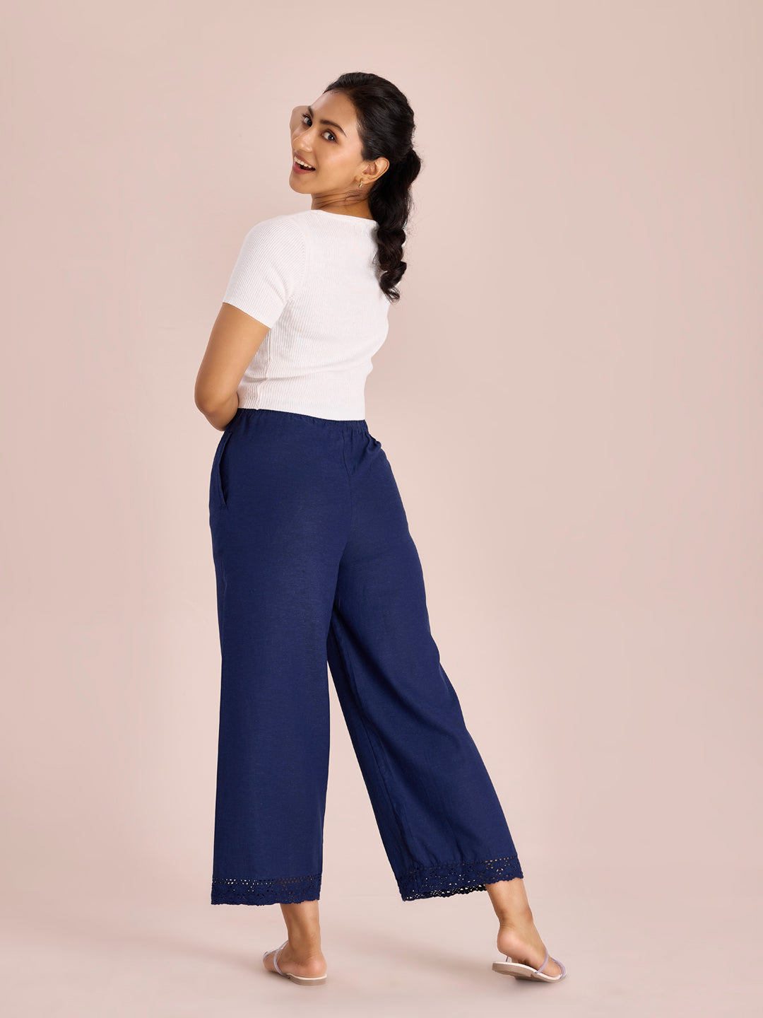 Women Solid Navy Mid Rise Linen Wide Pant