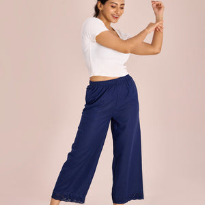 Women Solid Navy Mid Rise Linen Wide Pant