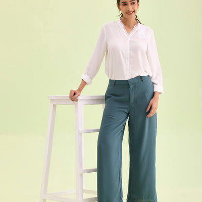 Women Solid Ocean Green High Rise Crepe Wide Pant