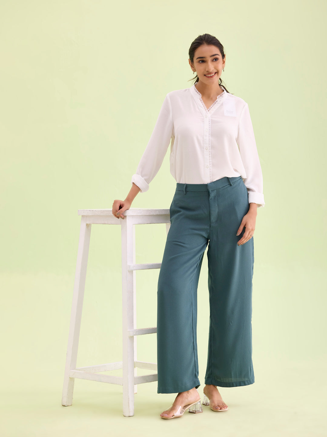 Women Solid Ocean Green High Rise Crepe Wide Pant