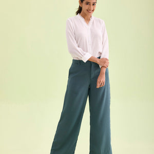 Women Solid Ocean Green High Rise Crepe Wide Pant