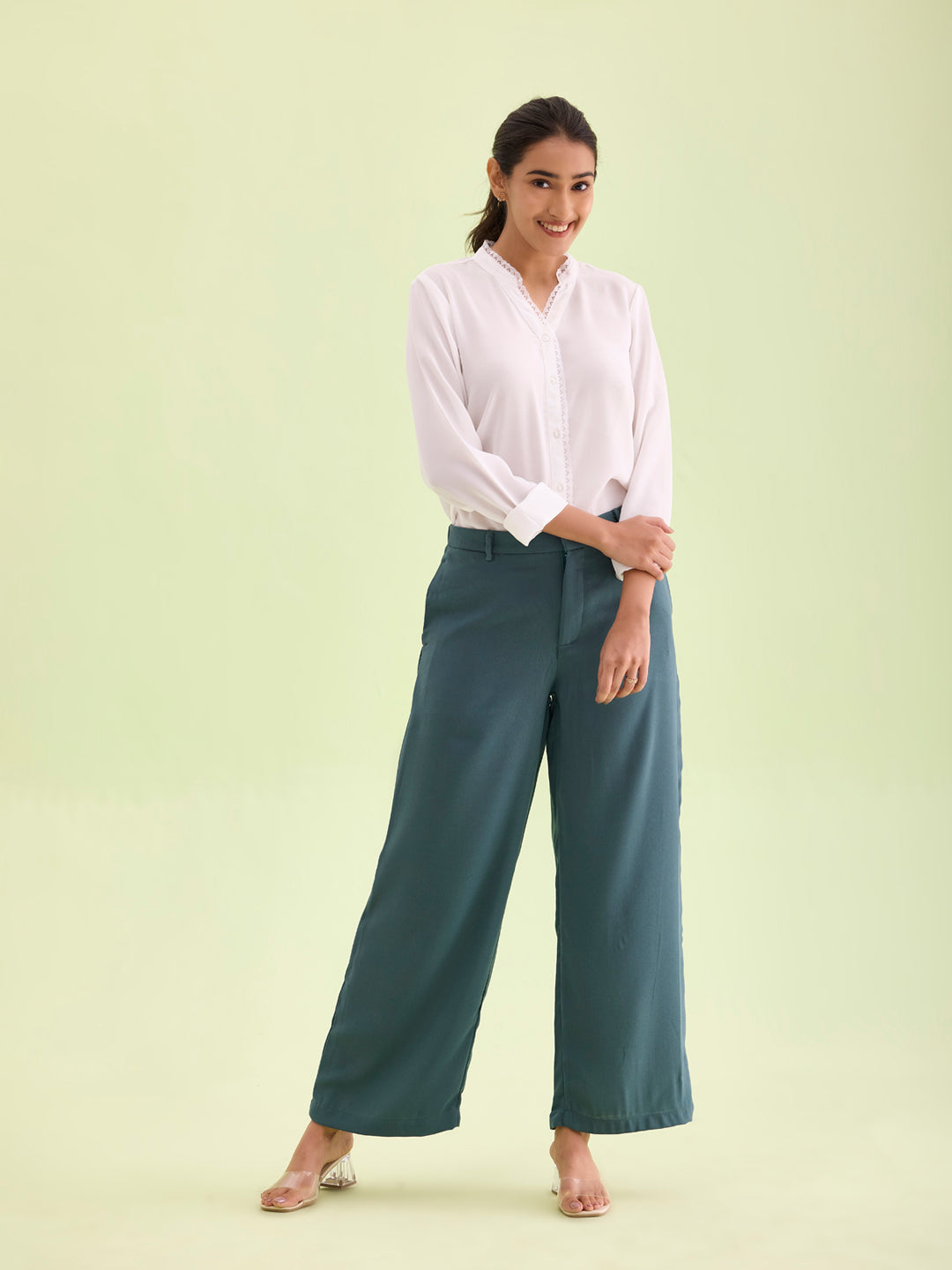 Women Solid Ocean Green High Rise Crepe Wide Pant