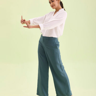 Women Solid Ocean Green High Rise Crepe Wide Pant