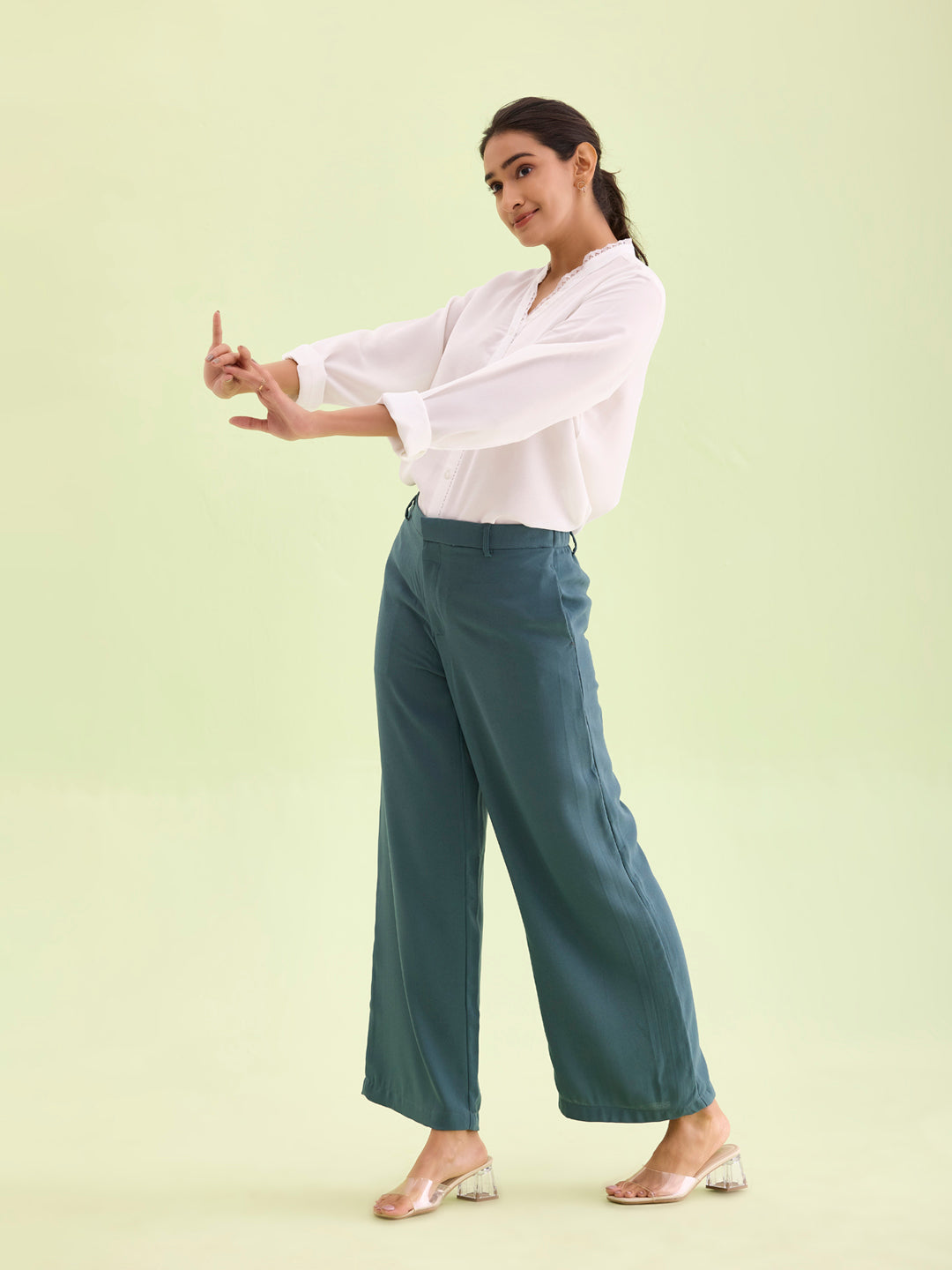 Women Solid Ocean Green High Rise Crepe Wide Pant