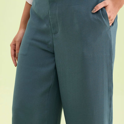 Women Solid Ocean Green High Rise Crepe Wide Pant