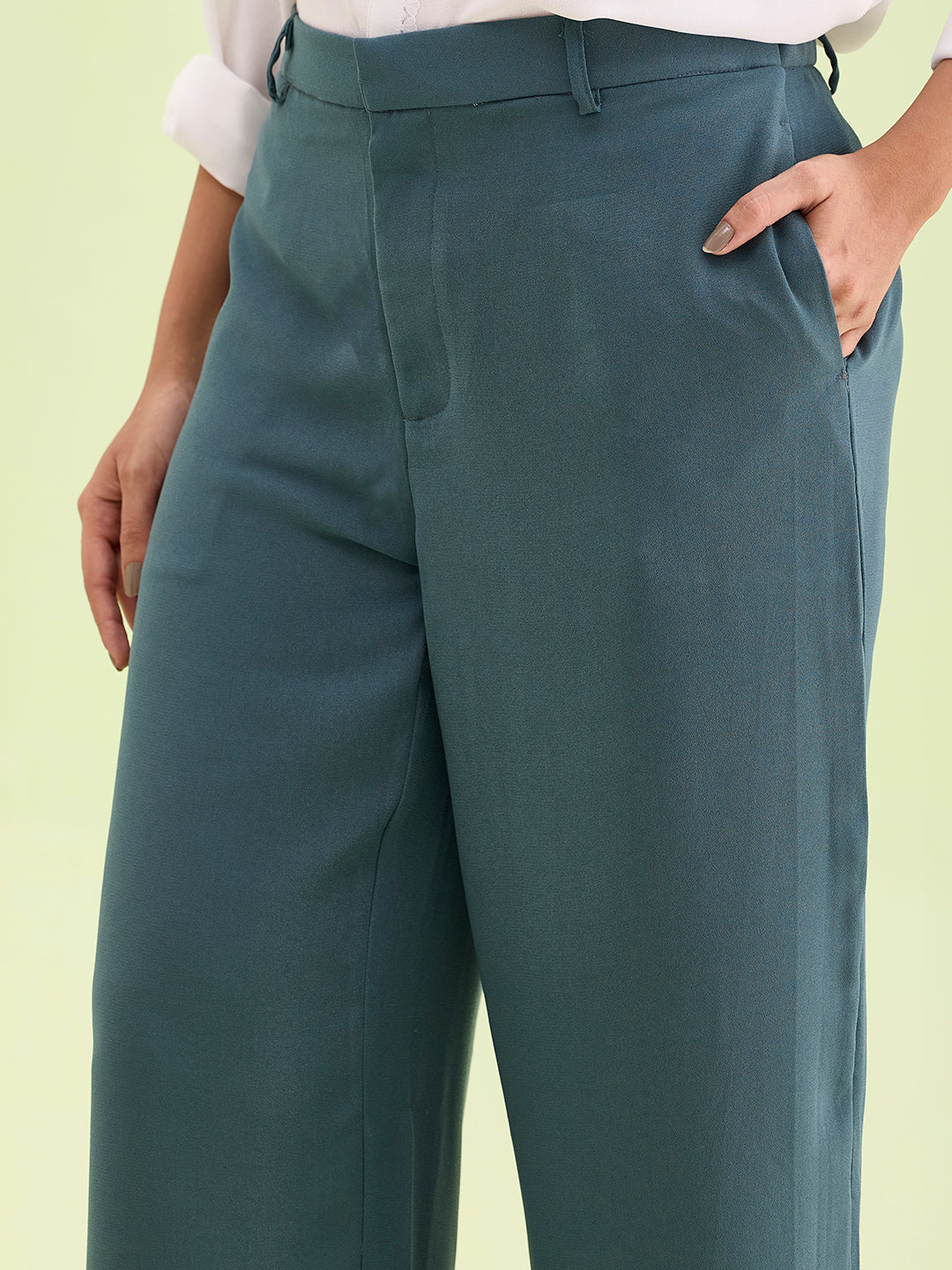 Women Solid Ocean Green High Rise Crepe Wide Pant