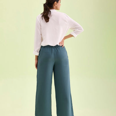 Women Solid Ocean Green High Rise Crepe Wide Pant