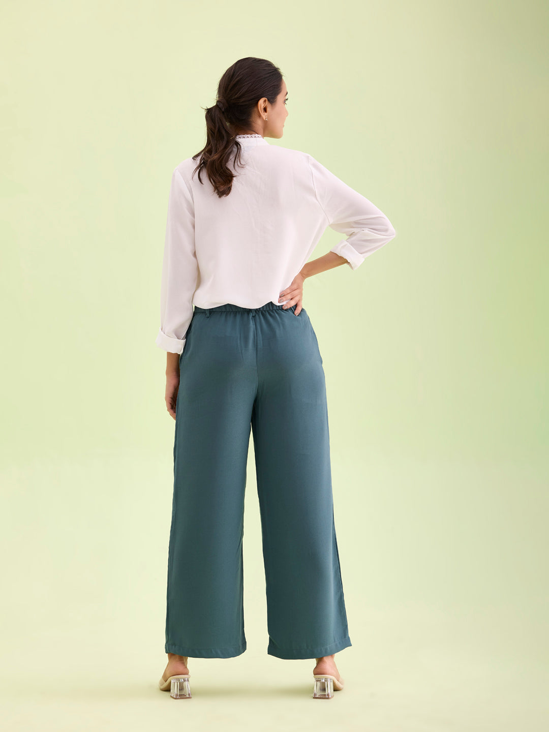 Women Solid Ocean Green High Rise Crepe Wide Pant