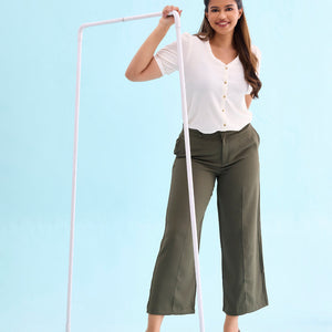 Women Solid Olive Green High Rise Crepe Wide Pant