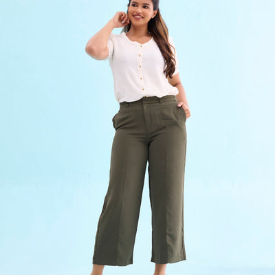 Women Solid Olive Green High Rise Crepe Wide Pant