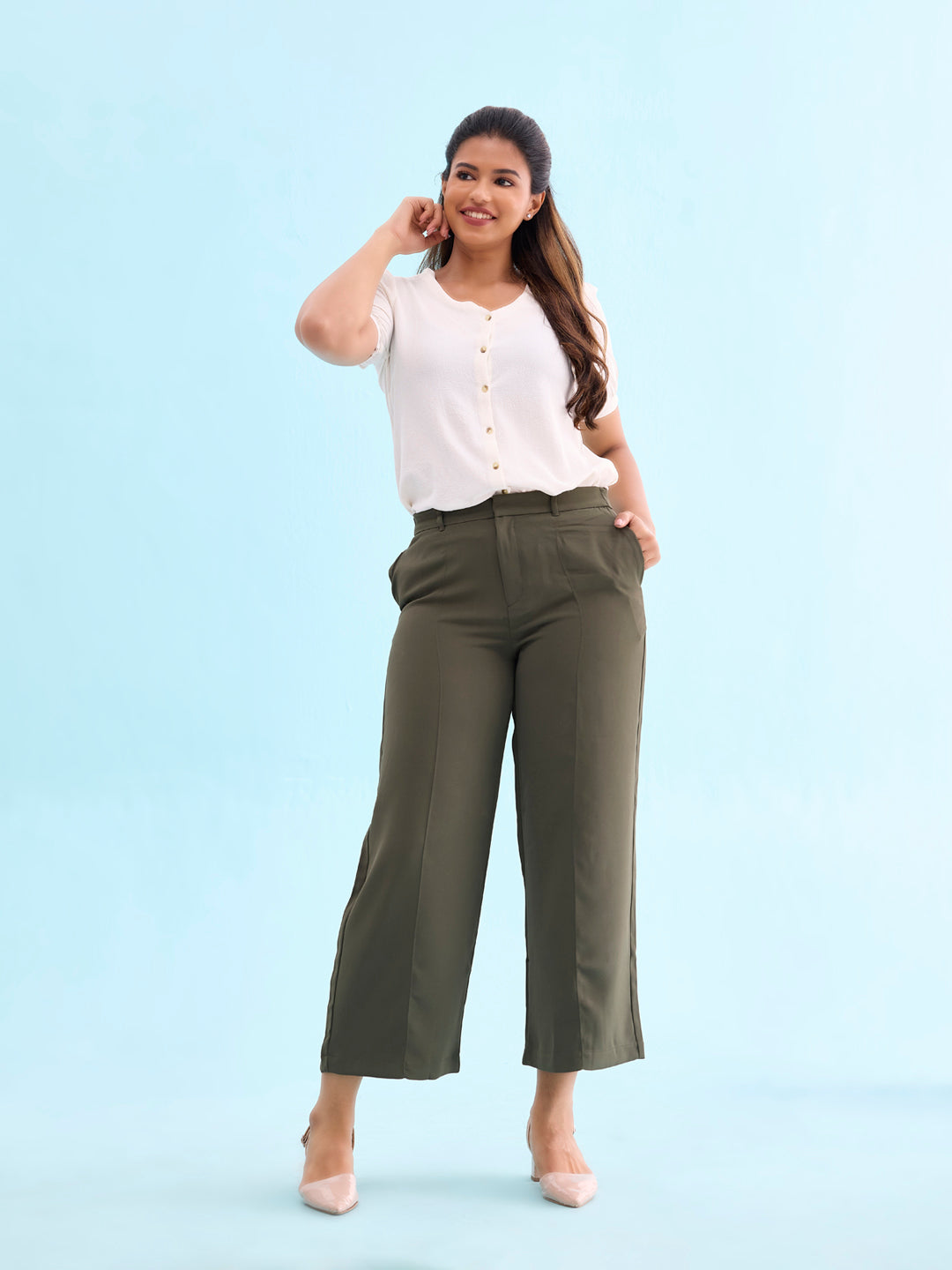 Women Solid Olive Green High Rise Crepe Wide Pant