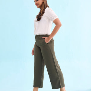 Women Solid Olive Green High Rise Crepe Wide Pant