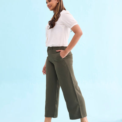Women Solid Olive Green High Rise Crepe Wide Pant