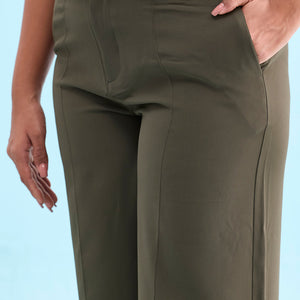 Women Solid Olive Green High Rise Crepe Wide Pant