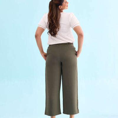 Women Solid Olive Green High Rise Crepe Wide Pant