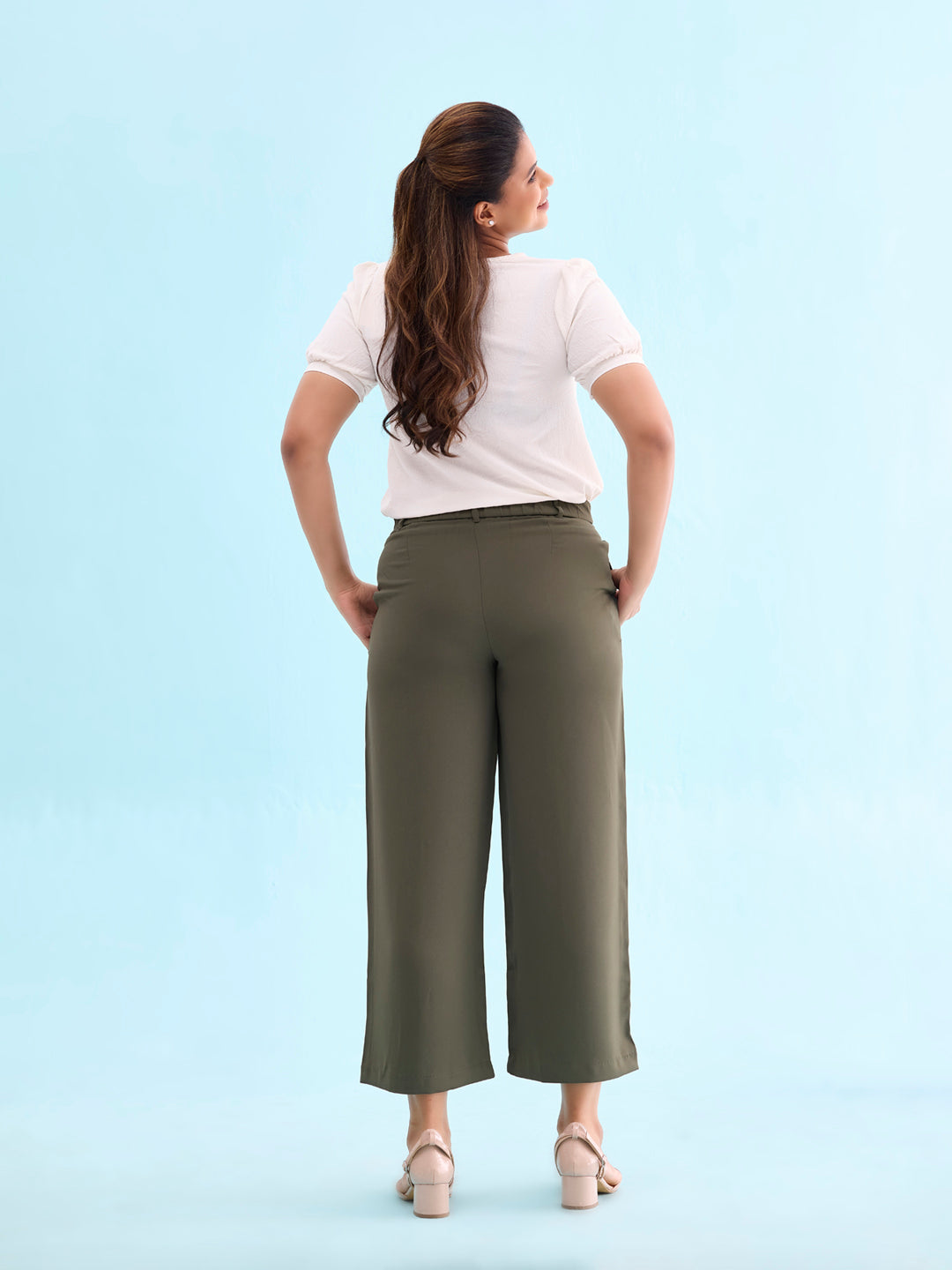 Women Solid Olive Green High Rise Crepe Wide Pant