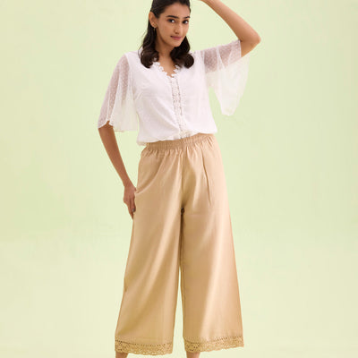 Women Solid Wheat Mid Rise Linen Wide Pant