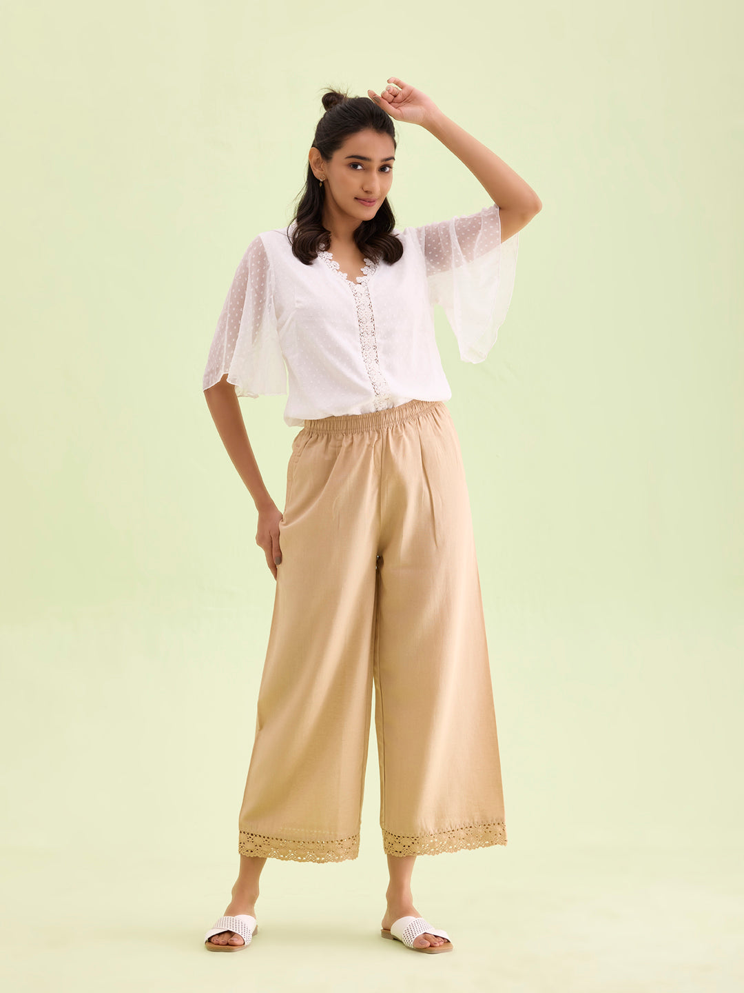 Women Solid Wheat Mid Rise Linen Wide Pant