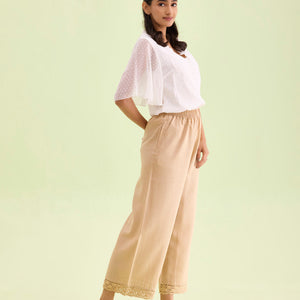 Women Solid Wheat Mid Rise Linen Wide Pant