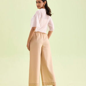 Women Solid Wheat Mid Rise Linen Wide Pant