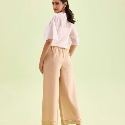 Women Solid Wheat Mid Rise Linen Wide Pant