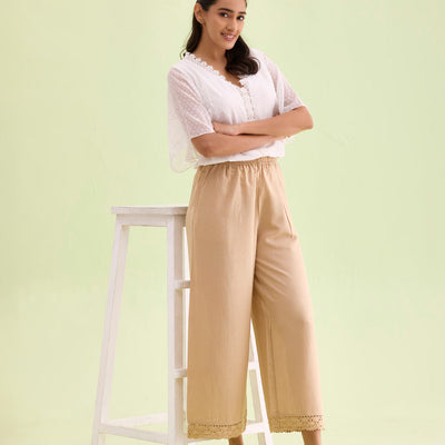 Women Solid Wheat Mid Rise Linen Wide Pant