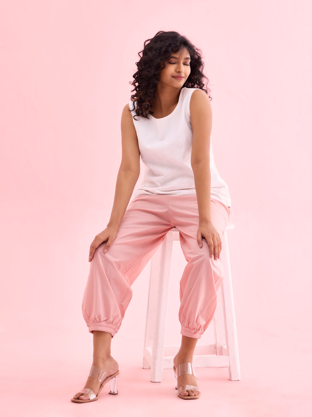 Women Solid Baby Pink Cotton Cropped Salwar