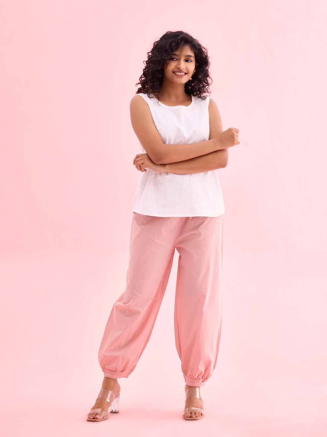 Women Solid Baby Pink Cotton Cropped Salwar