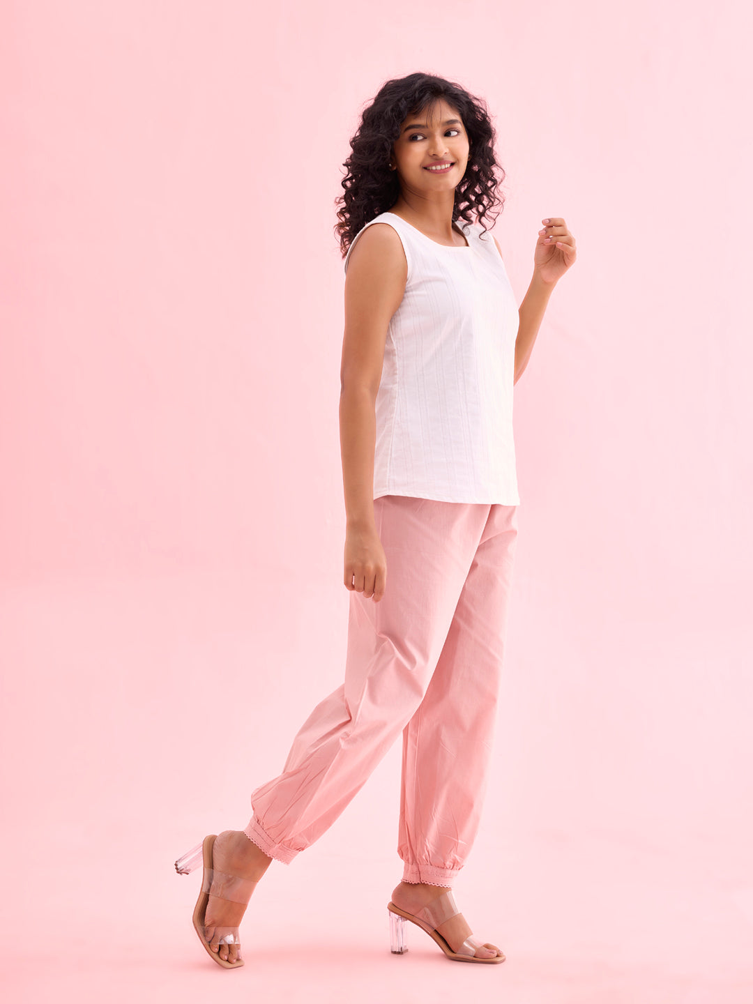 Women Solid Baby Pink Cotton Cropped Salwar